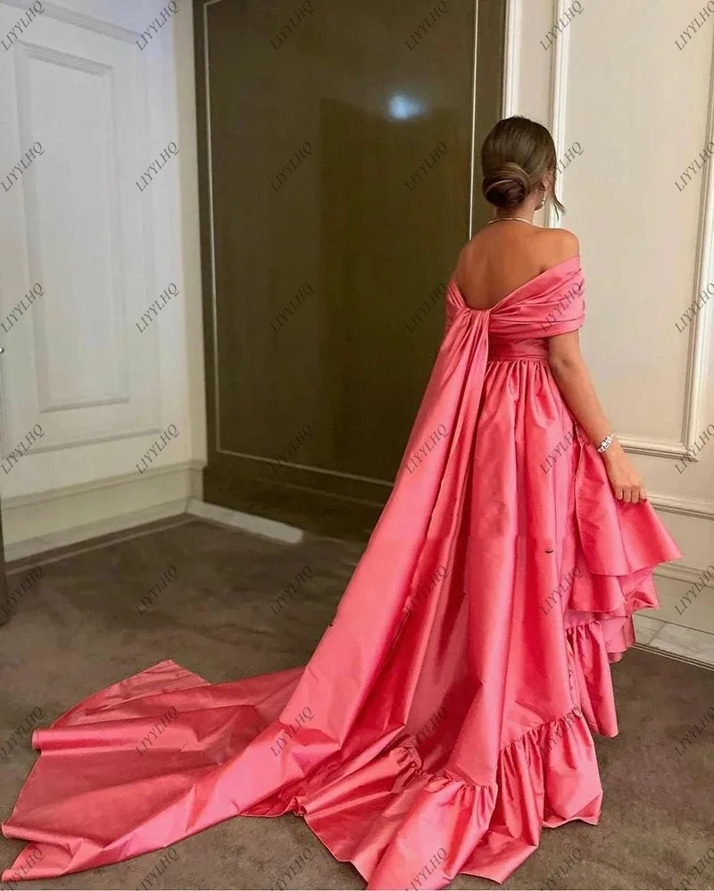 LIYYLHQ Sweep Train Pink Elegant Prom Dresses Off-Shoulder Tiered Arabic Women Formal Prom Gowns Popular Formal Party Dress فسات