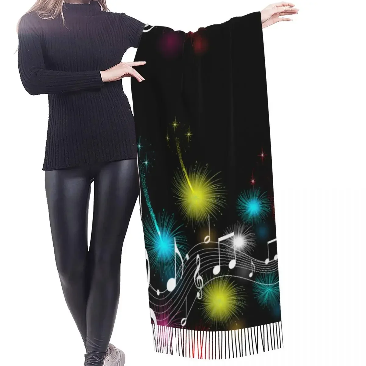 Bufanda de notas musicales, bufandas largas de invierno con borlas, Pashmina suave