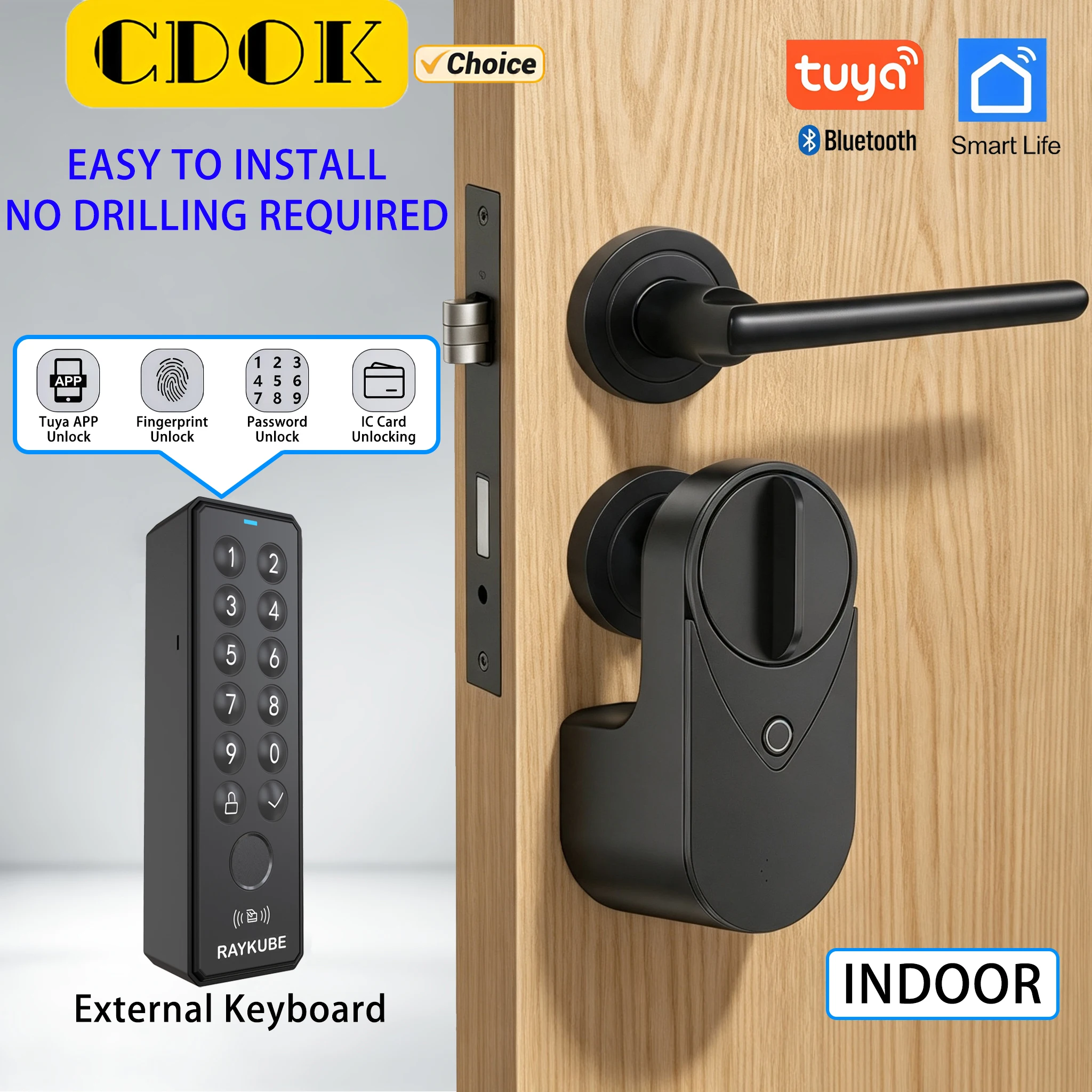 CDOK EGone Smart Lock, Electronic Lock, Tuya Version, Multi-functional Unlocking, No Drilling Required for Installation