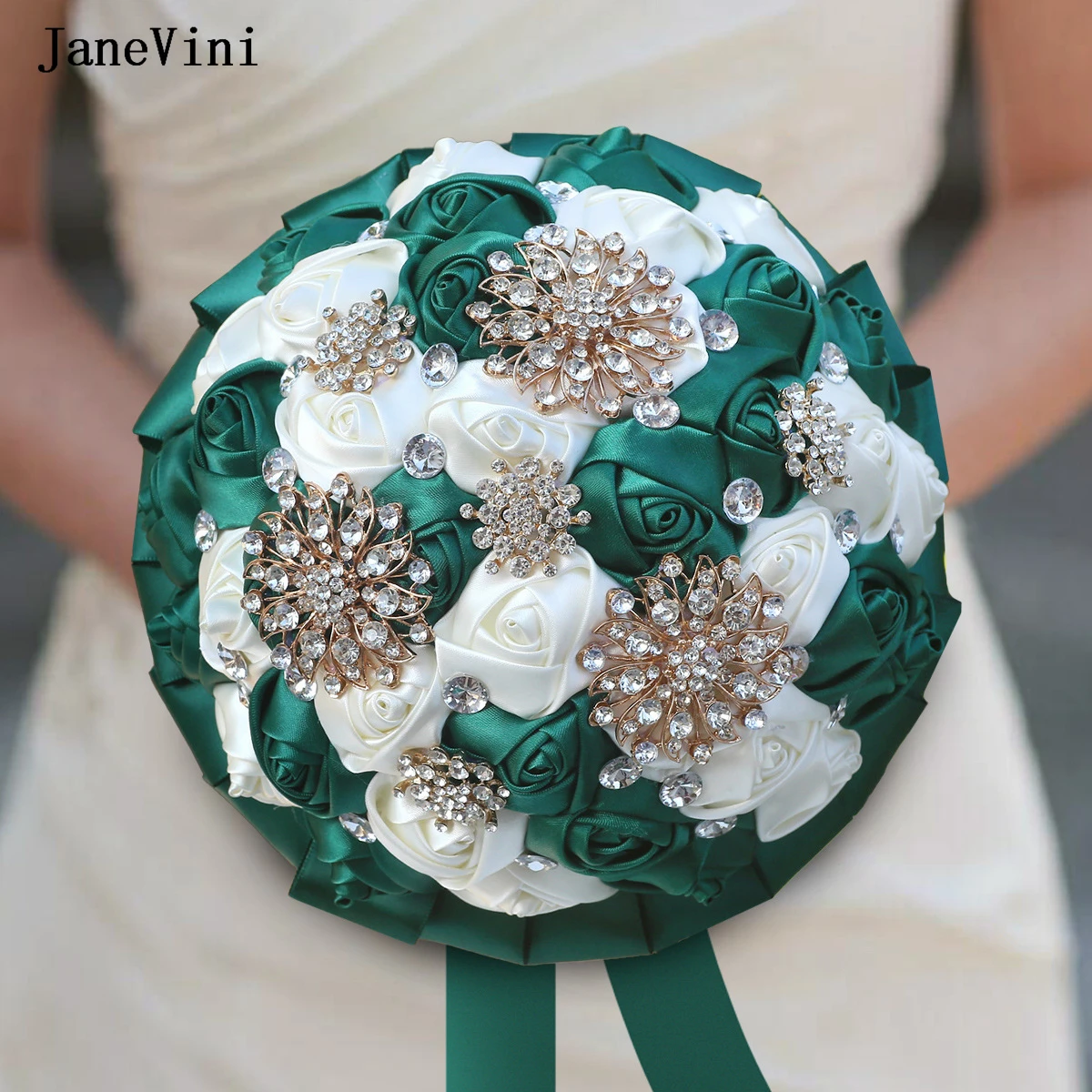 

JaneVini Elegant Dark Green Ivory Bridal Bouquets with Crystals Handmade Satin Roses Wedding Flowers Bridesmaid Holding Bouquet