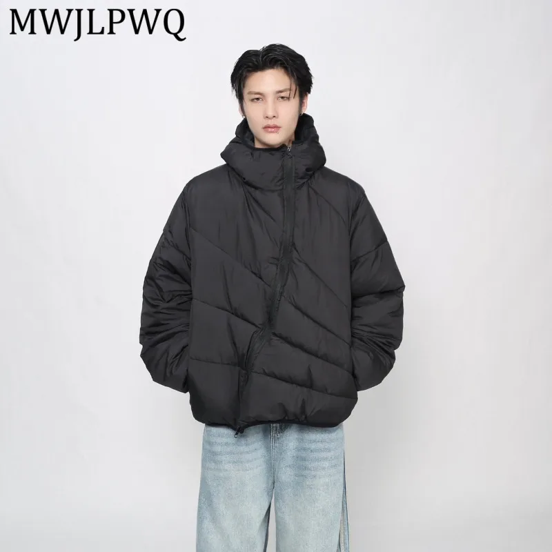 MWJLPWQ Diagonal Zipper Design Deconsruced Ribbed Jacket For Men American Casual Winer Thickened Couple's Hooded Tops New 13858