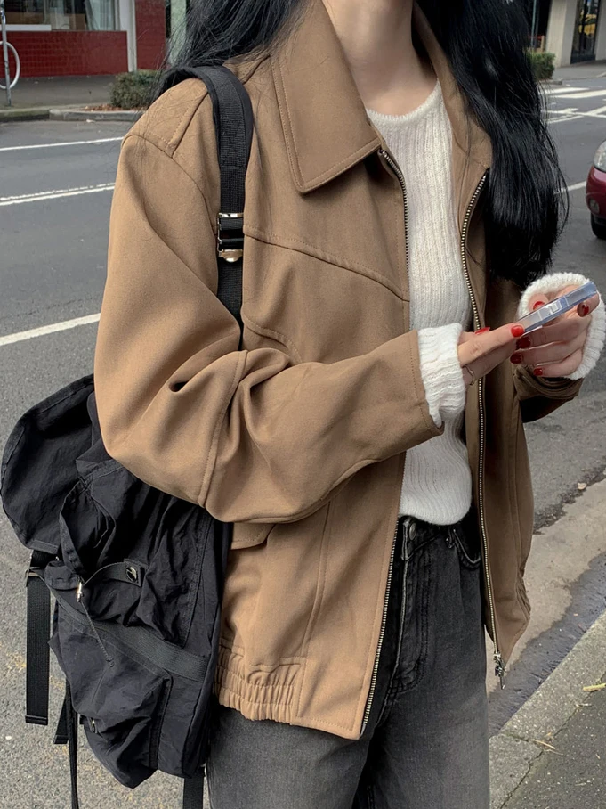 سترة نسائية من Retro ort فضفاضة للشارع Sle أنيقة متعددة الاستخدامات مفتوحة من الجلد الصناعي الدافئ معطف شتوي كوري Faion