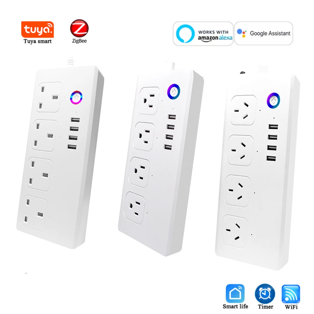 

UK US AU ZigBee WiFi Tuya Smart Power Strip With 4 AC Socket 4 USB Port Timing Voice Control Works With Google Assistant Alexa