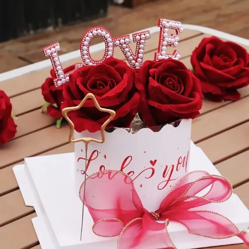 

Valentine's Day Girl Birthday Love Pearl Cake Topper Decoration Mesh Border Dessert Table Simulation Rose Baking Supplies Gift