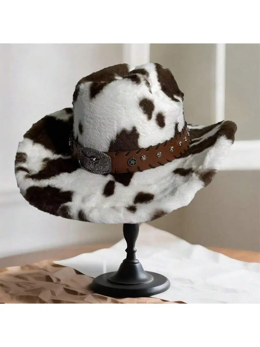 

Western Wide Brim Plush Cow Print Hat With Decorative Belt For Party Occasion