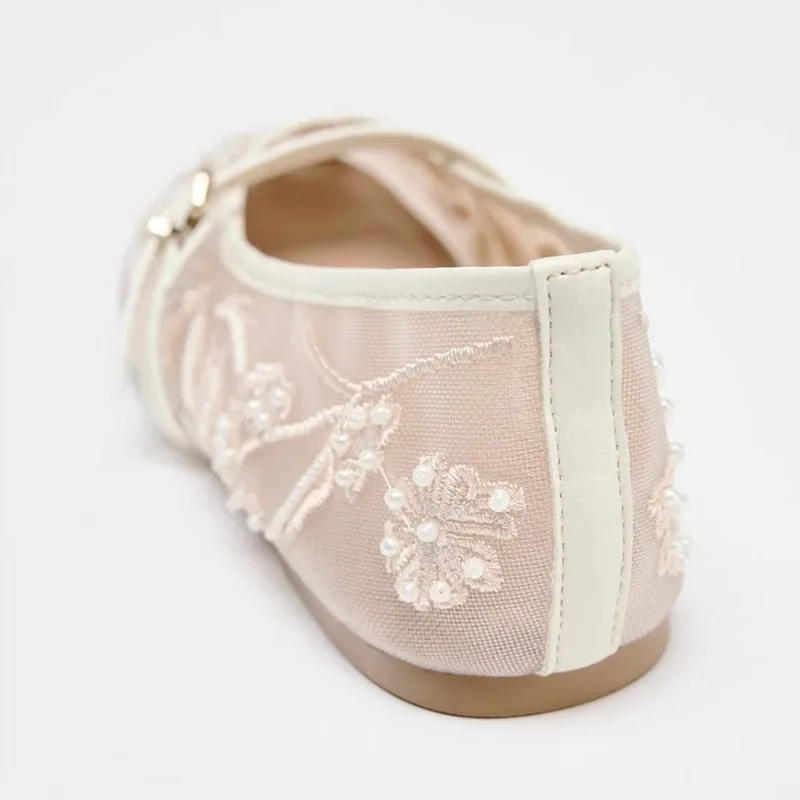 Embroidery Pearl Mesh Ballet Flats Women Fashion Hollow Round Toe Flat Sandals Elegant Comfortable Belt Buckle Mary Jane Shoes image 3