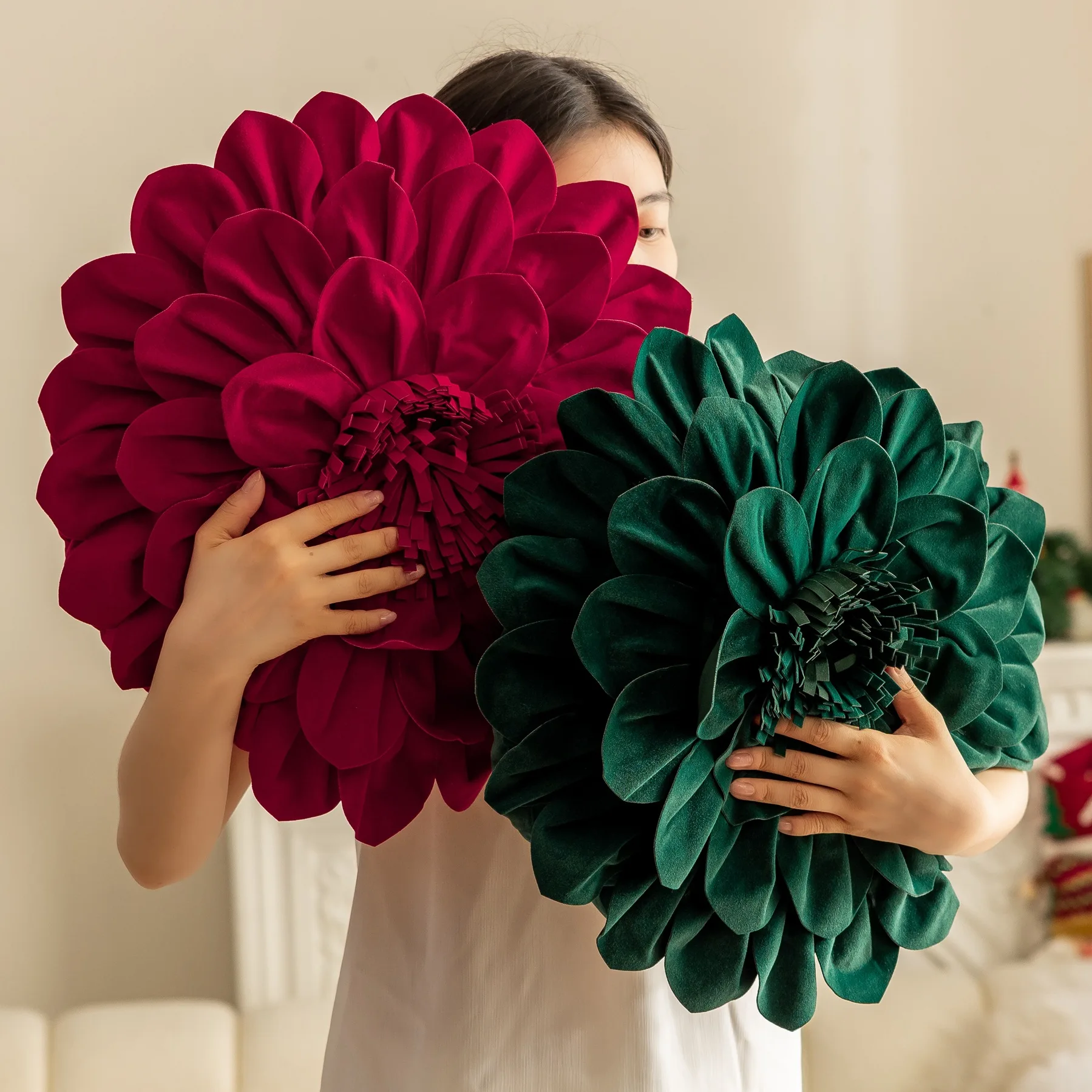 New Christmas Cushion Cover Red Green 3D Floral Ruffled Edge Patchwork Pillowcase Velvet Solid Color Pillow Covers Decorative