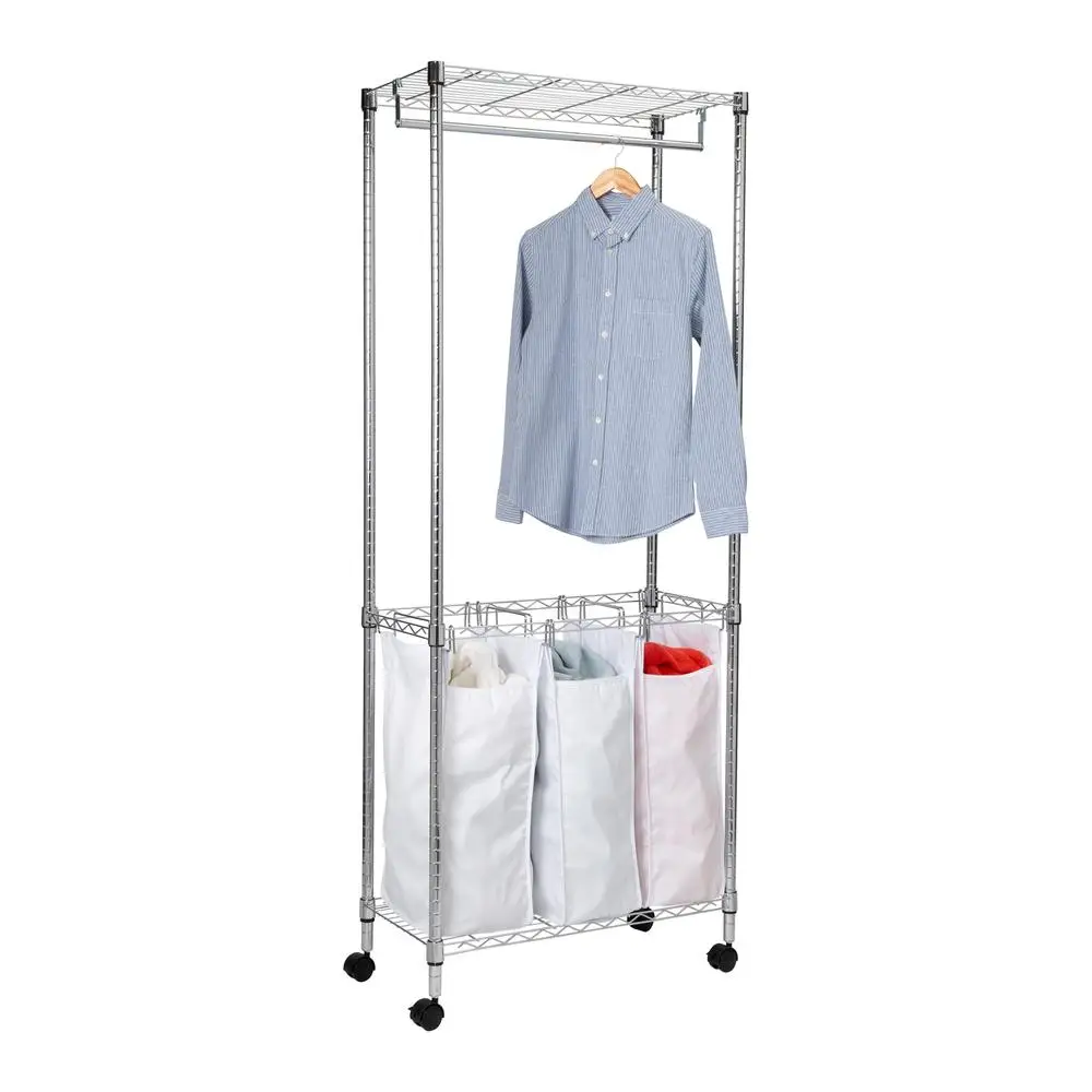 3-Bag Steel Laundry Sorter with Hanging Rod and Shelf Rolling Center White Chrome Garment Rack Storage Solution HealthyLiving