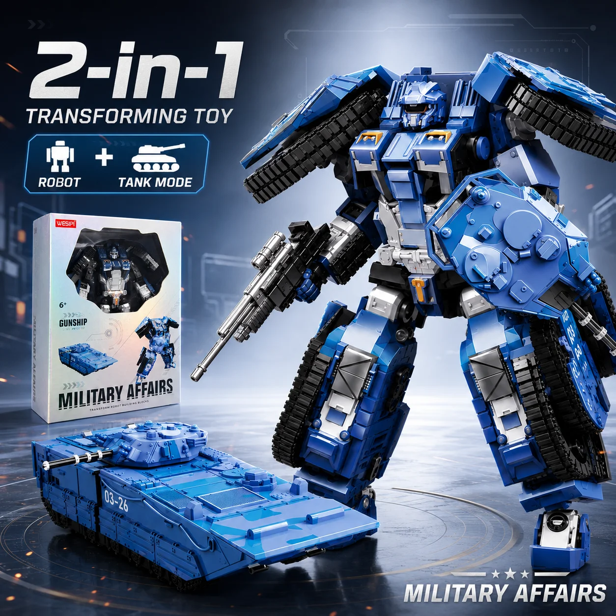 Blue Gunship Tank Transforming Robot Toy W991-2 ABS Alloy Military Mecha Model with Box 25.3cm English Version