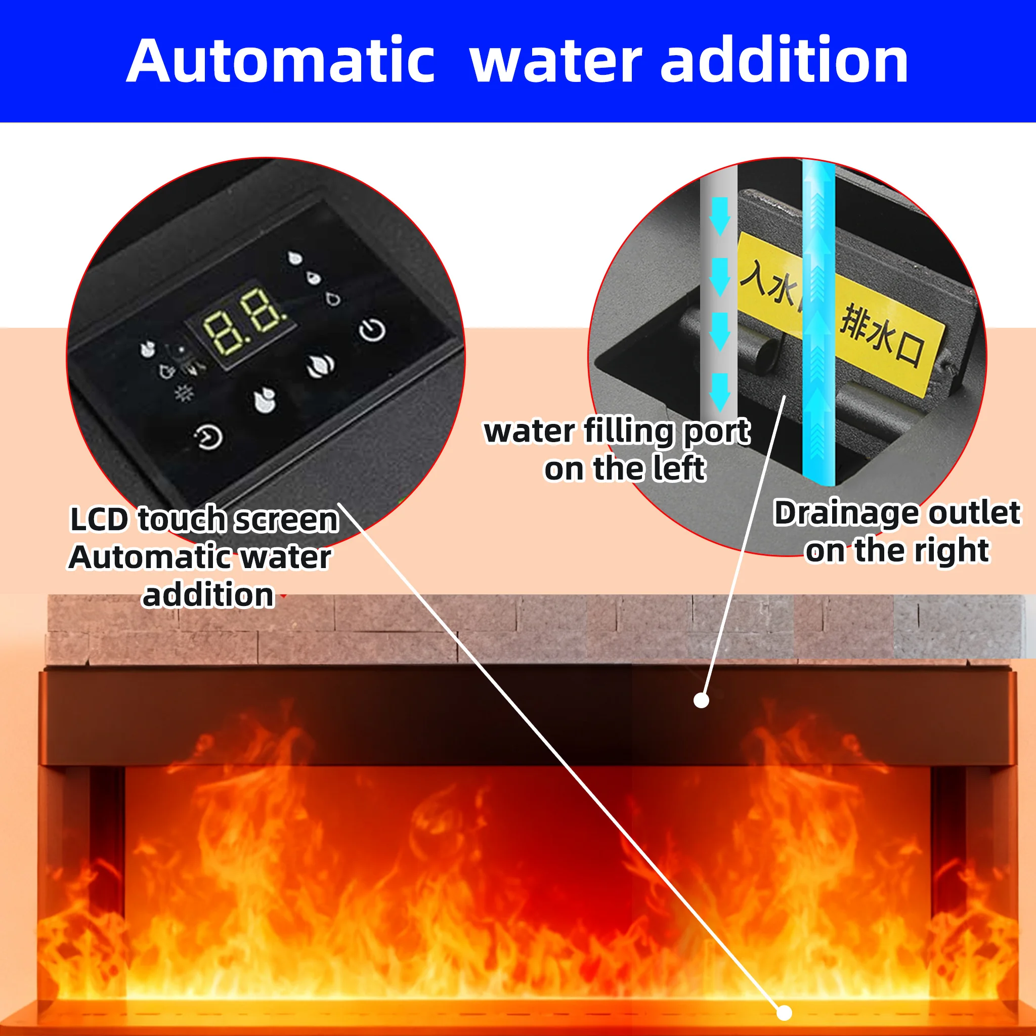 매립형 사실적인 3D 분무 불꽃 전기 벽난로, 수동 물 조절 및 리모컨 포함, 현대적인 거실 또는 B용