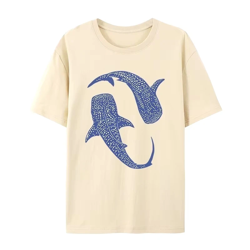 T-Shirt à manches courtes pour femmes, imprimé baleine bleue et requin, haut décontracté, Design graphique élégant, été