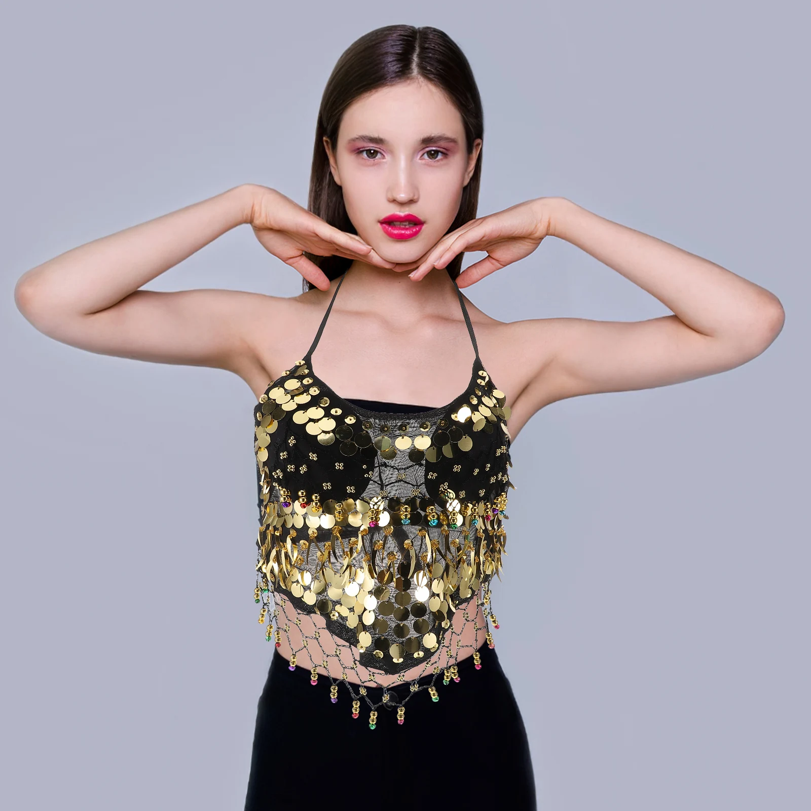 

Sequin Belly Dancing Top Women Outfits Vibrant Color Comfortable Fit Festival Tribal Rave Costume Fringe Accessory