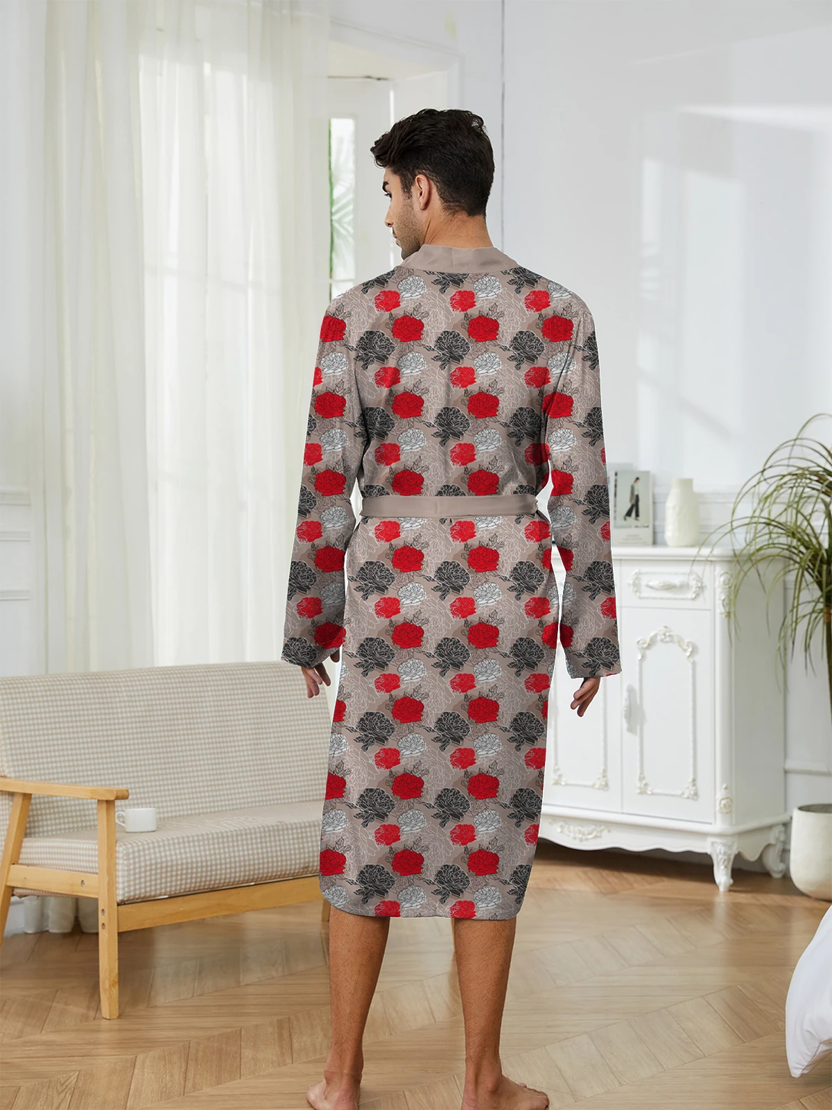 رداء نوم رجالي للربيع والخريف بنمط ورود مطبوعة رقمية، نمط منزلي رفيع، ملابس نوم غير رسمية عصرية سريعة الجفاف #4