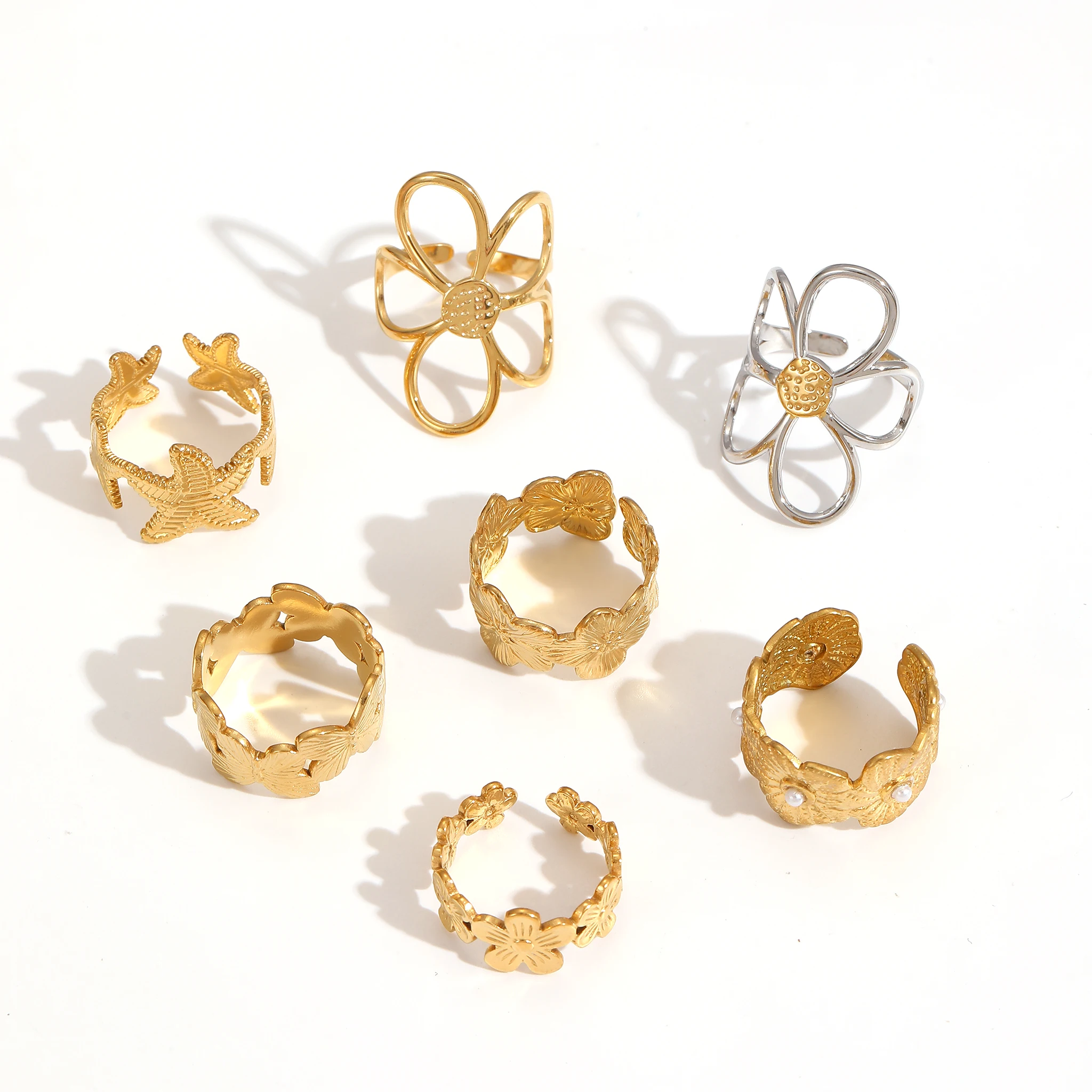 316L Edelstahl-Blumenringe 18K vergoldet Wasserdichter offener Ring Eleganter Schmuck für Damen Geschenk – Detail 2