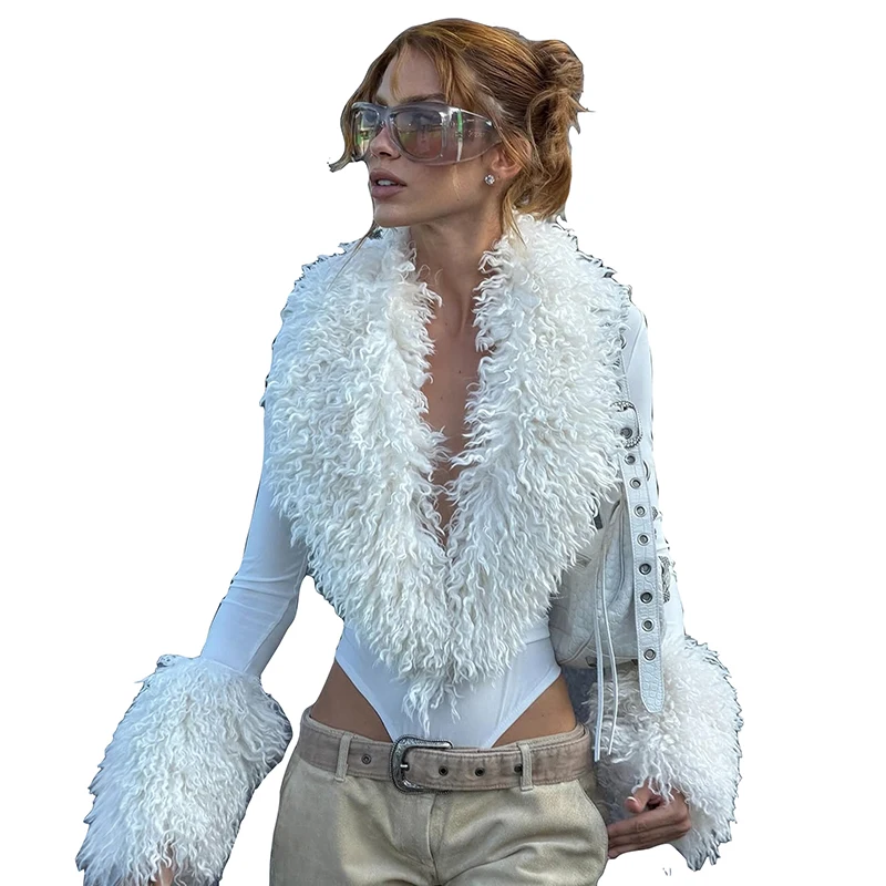 Nibber Sexy Langarm-Bodysuits für Damen, Patchwork-Plüsch, Tiefer V-Ausschnitt, Eng Anliegend, Hohe Elastizität, Hottie Midnight Autumn Streetwear – Detail 2