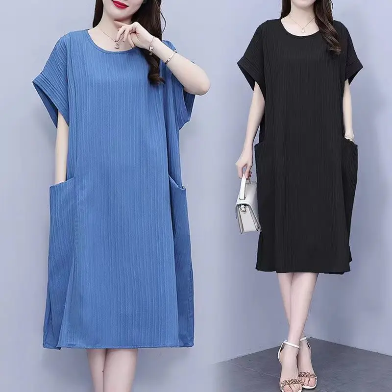 Tempérament d'été Patchwork couleur unie col rond manches courtes robes décontractées dames bureau dame poche t-shirt robe femmes vêtements