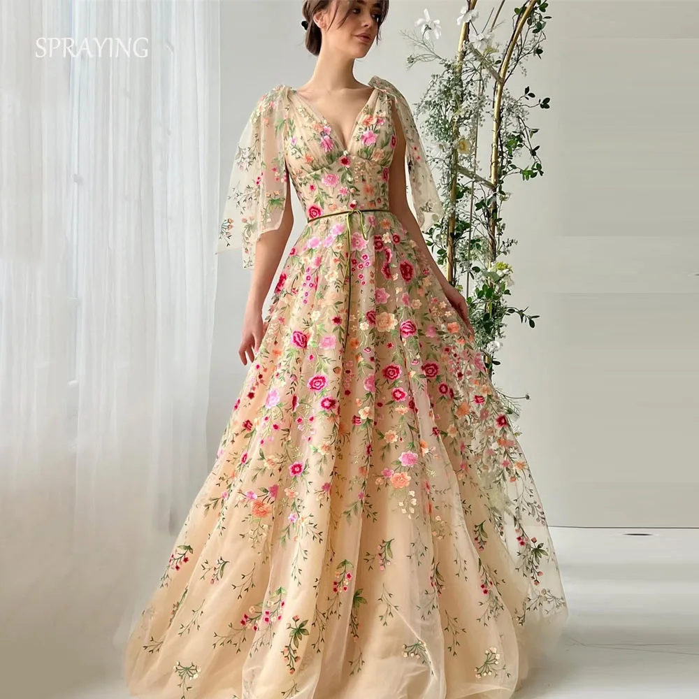 Vestido de noche SPRAYING de lujo con flores de encaje de Arabia Saudita, vestido de fiesta con tirantes y lazo con cuello en V, vestido largo para ocasión Formal personalizado