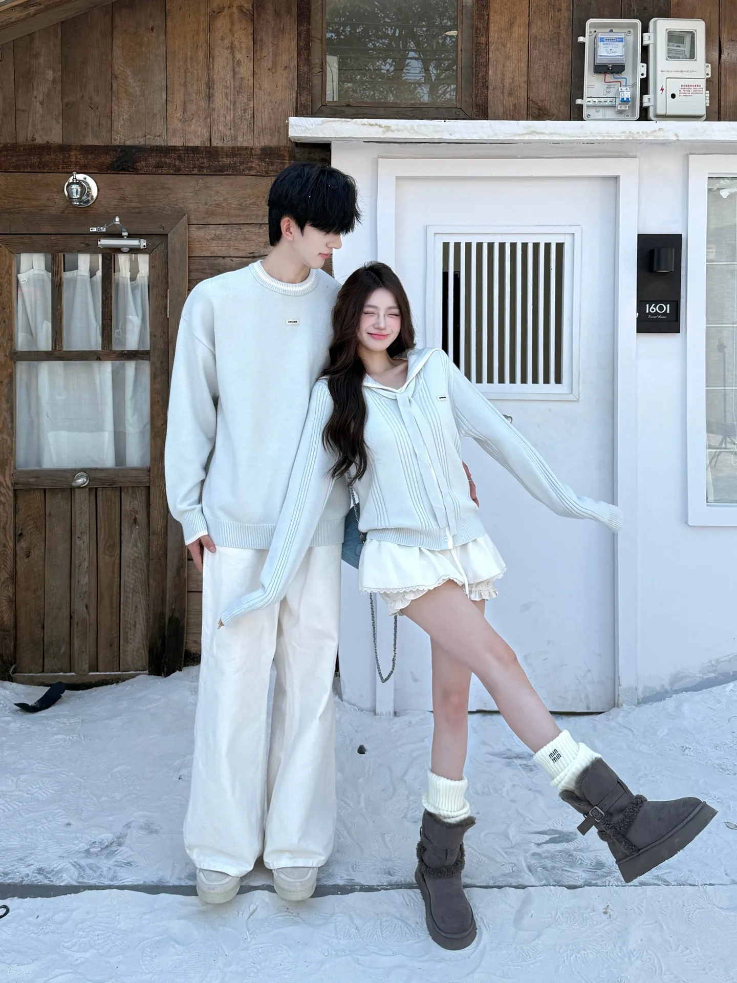 Loose Korean Style Navy Collar Knitted Sweater Milk Blue for Couples Autumn Winter Casual Open Cardigan Men Women Fashion