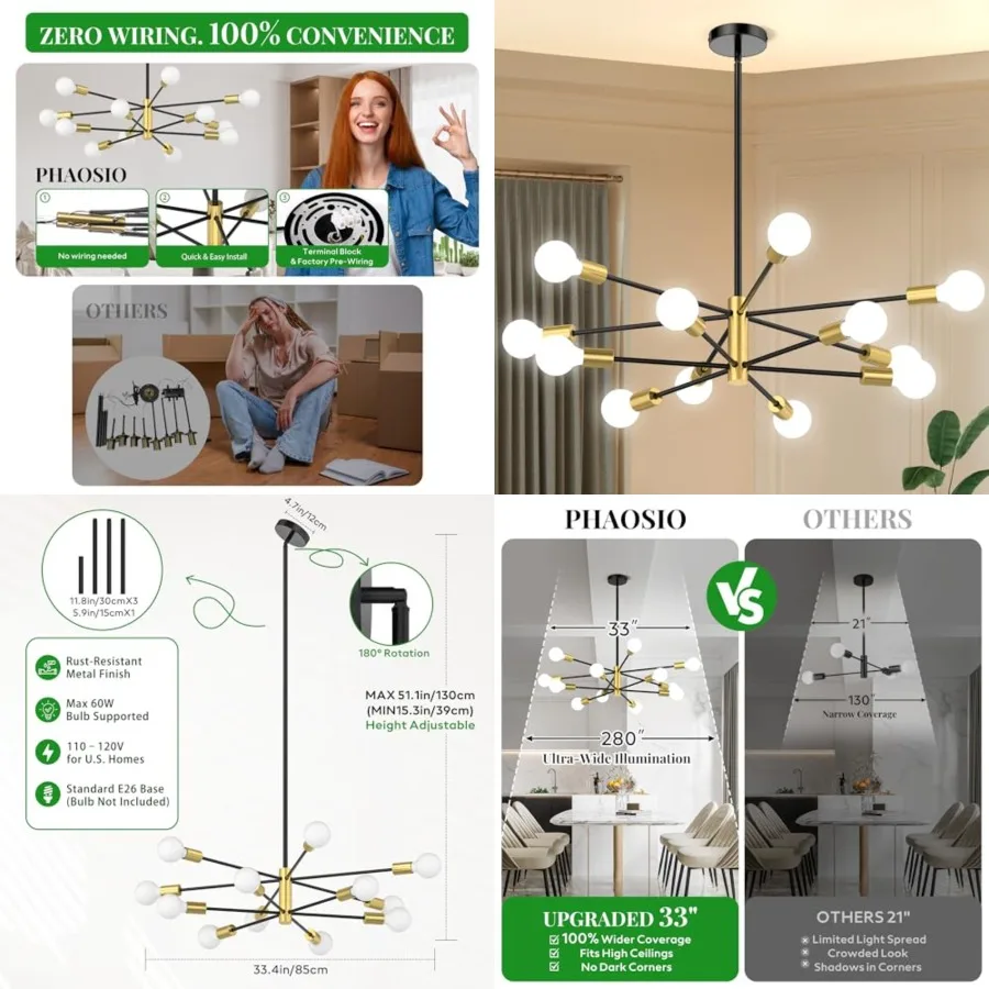 Sputnik Chandelier, Mid Century Modern Height Adjustable Ceiling Light Fixture for Dining Room, Kitchen Island, Living Room, Be