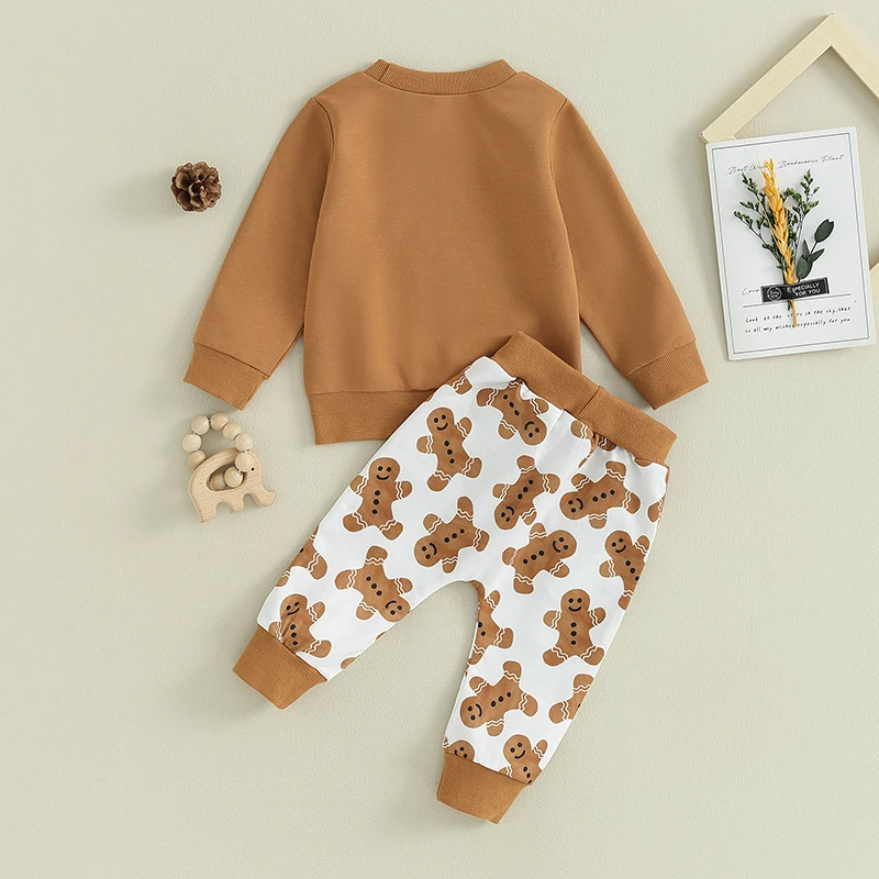 Toddler Baby Boy Christmas Outfits Print Long Sleeve Gingerbread Man Print Sweatshirt + Pants 2Pcs Fall Xmas Clothes Set