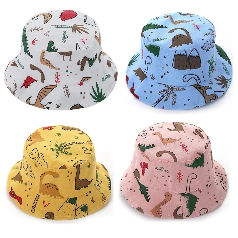 Summer Cartoon Dinosaur Print Baby Bucket Caps Adjustable Scalp Protection Beach Hat Sunscreen Children Sunscreen Hat Baby Girls