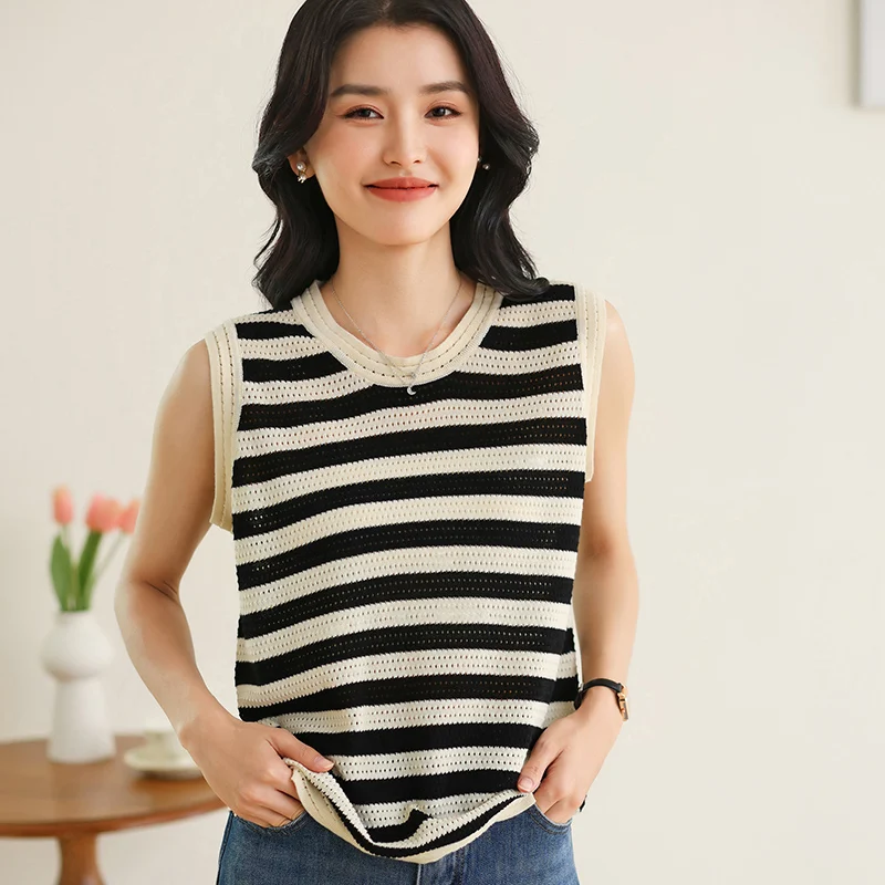 

2026 New Women's Tank Top 100% Cotton Knitted Sleeveless T-shirt Striped Korean Fashion Hot Selling Women's Top