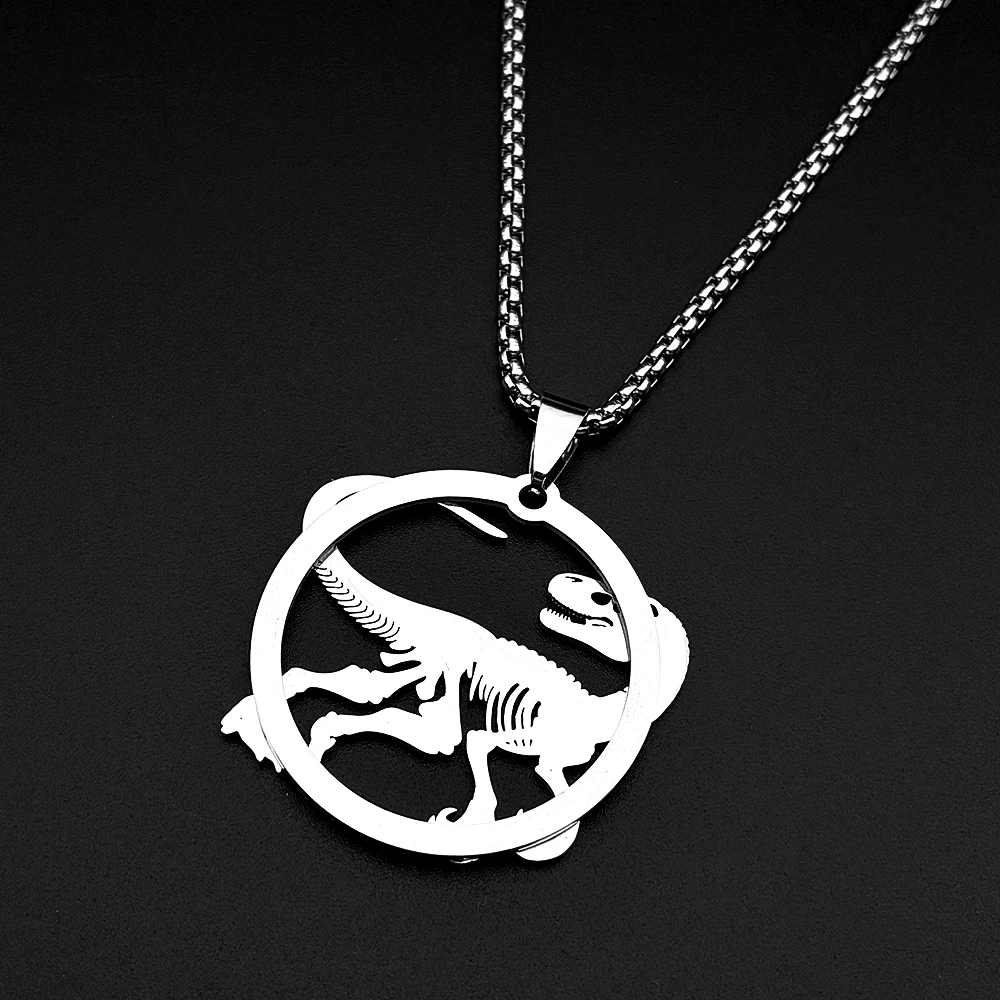 Velociraptor Dinosaur Skeleton Pendant Necklace For Women Men Stainless Steel Gold Color Animal Hip Hop Male Box Chain Jewelry