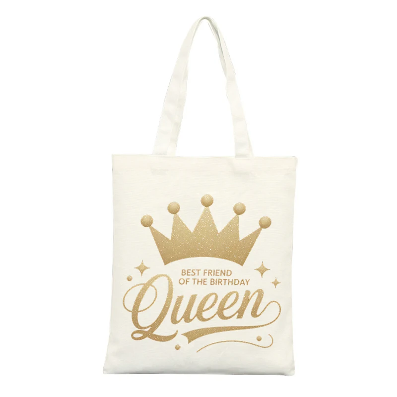 Canvas Tote Bag with Crown and Letter Print, Ideal for Birthday Celebrations and Casual Outings