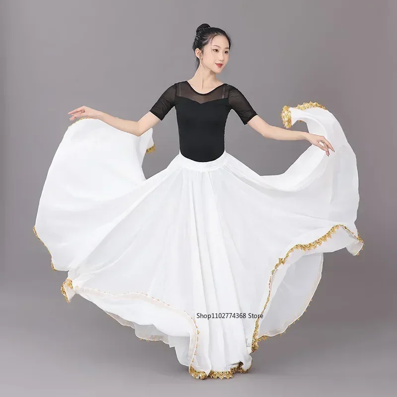 Flamenco-Tanzrock für Damen, 720-Grad-Chiffon, einfarbig, langer Bauch, Swing-Rock, zum Üben von Zigeunern, langer Rock, Tanzaufführung