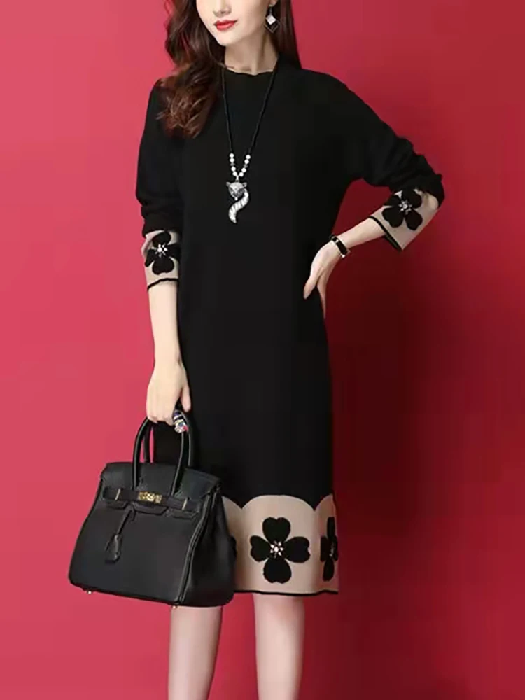 Female Black Knitted Cotton Floral Midi Sweater Dress Autumn Winter Long Sleeve Thick Warm Dress 2024 Korean Vintage Party Dress