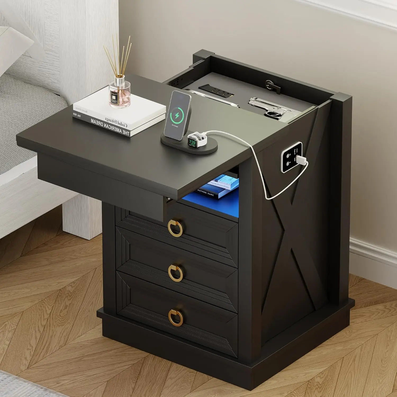 LED Nightstand with Lockable Drawer & Sensor, USB & Type-C Charging, 3 Dimmable Lights, 3 Drawers Farmhouse Style, Customized