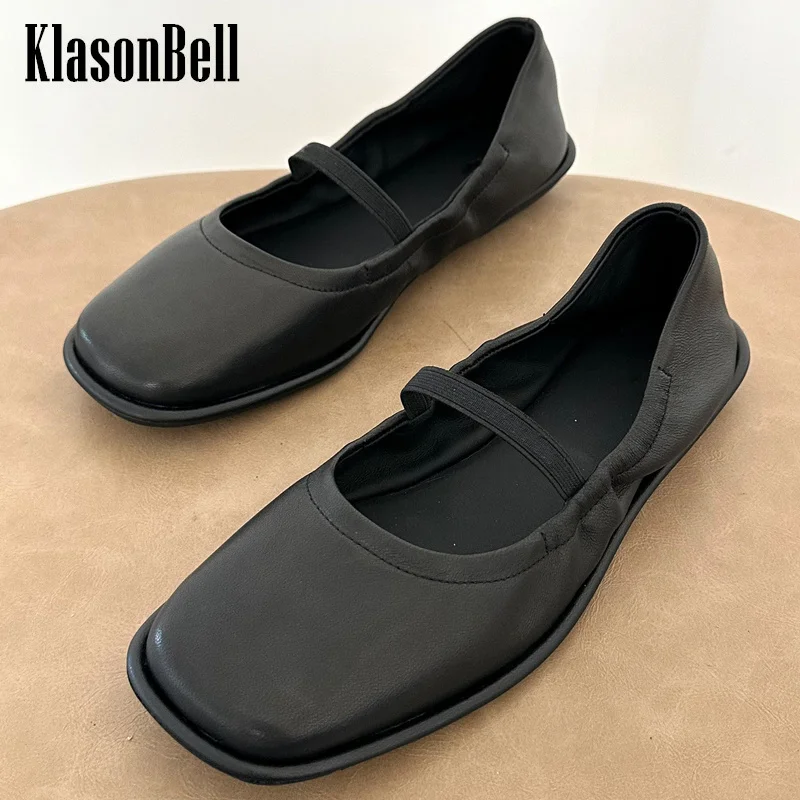 

6.5 KlasonBell Fashion Retro Soft Sheepskin Ballet Flats Pumps Elastic Strap Square Toe Flat Comfortable For Women's Shoes