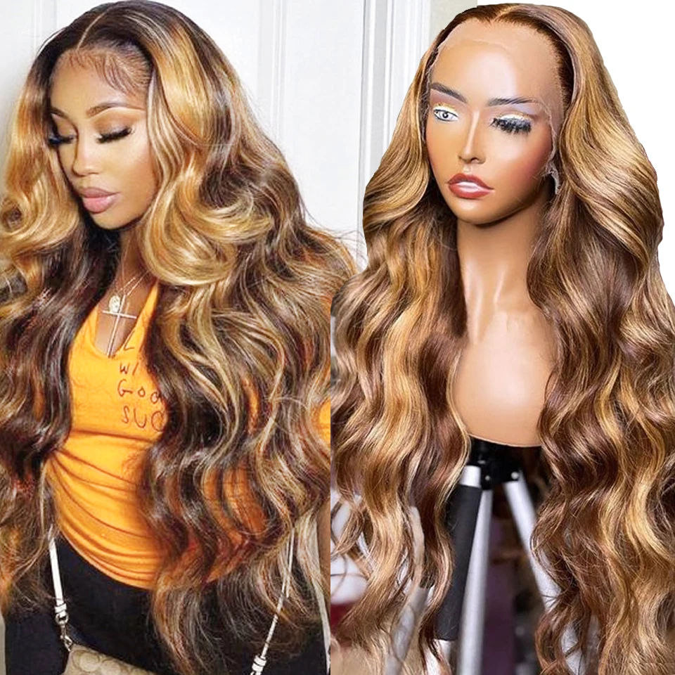 Highlight Colored  Body Wave 13x6 Lace Frontal Human Hair Wigs Honey Blonde 13X4 HD Transparent Lace Front Wig For Women