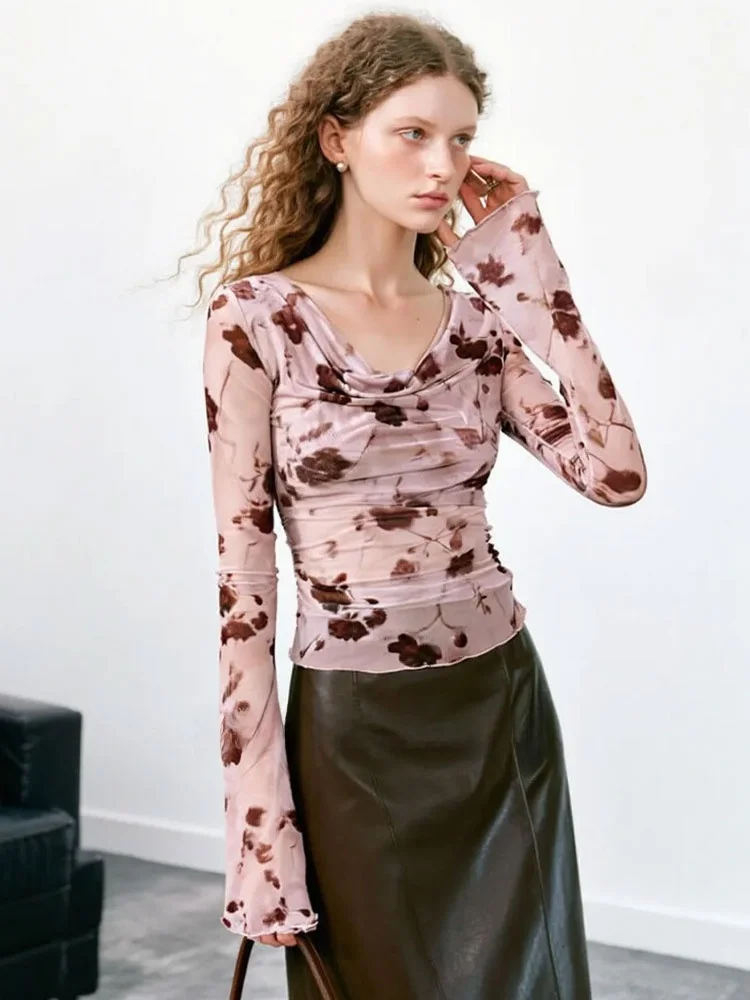 

Женская футболка ZhuoZhi Gold Tead See-tough с рюшами, базовый слой, с принтом роз, с длинным рукавом, влагоотводящая, повседневный топ