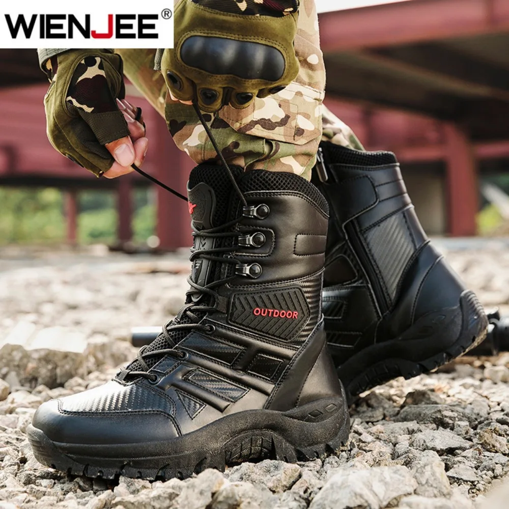 High Quality Men's Brand High-Top Leather Boots Breathable Desert Combat Men's Boots Outdoor Shoes Non-slip Hiking Ankle Boots