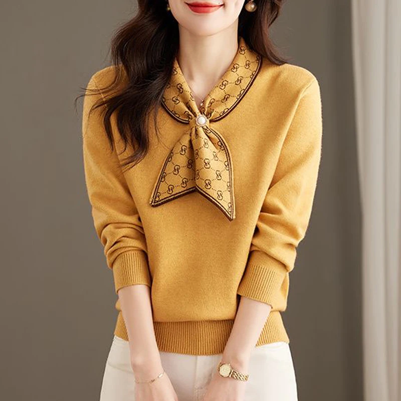 Women Clothing New Autumn Winter Beaded Bow Luxury Design Elegant Knitted Sweater Fashion Long Sleeve Pullover Tops Chic Jumpers