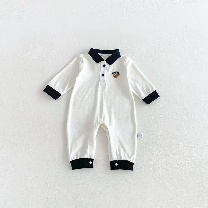 Baby Polo Romper Bear Embroidery Long Sleeve Color Block Cuff Newborn One Piece Jumpsuit Infant Outfit