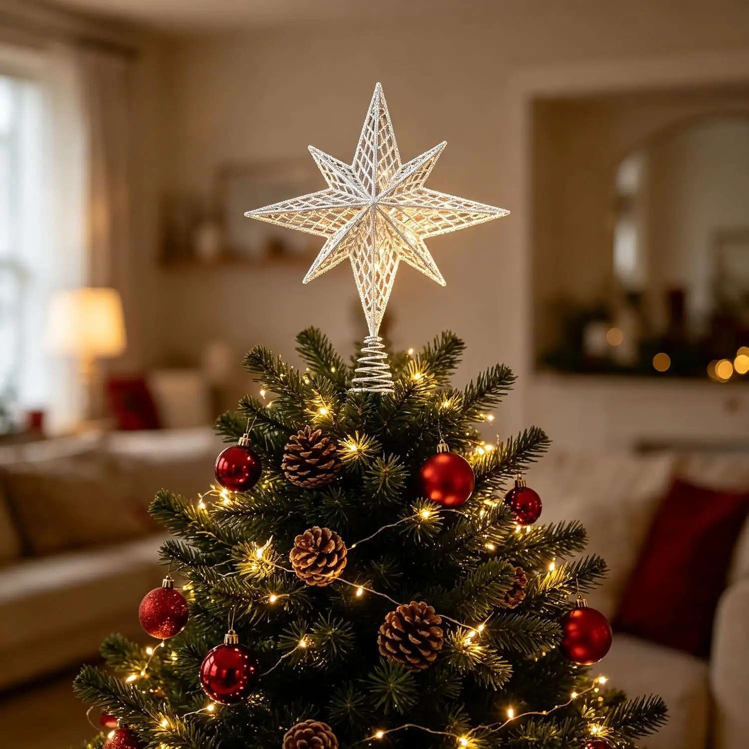GAOMON Silver Hollow Metal Christmas Treetop, Large Iron Tree Top Decor
