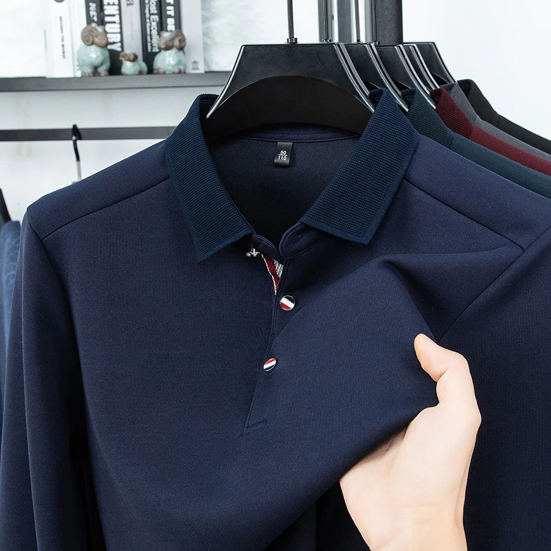 فاخر جديد قميص بولو رجالي كم طويل التلبيب بلون ربيع الخريف الأعمال مكتب عادية كلاسيكي موضة تي شيرت الرجالية #5