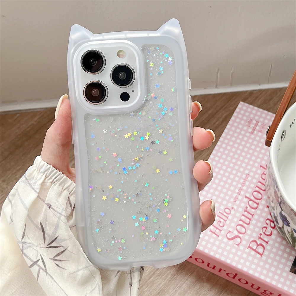 Cute Cartoon Glitter Cat Ear Case For iPhone 14 15 Plus 12 11 13 Pro Max Luxury Silicone Glue Drip Transparent  Pear Back Cover