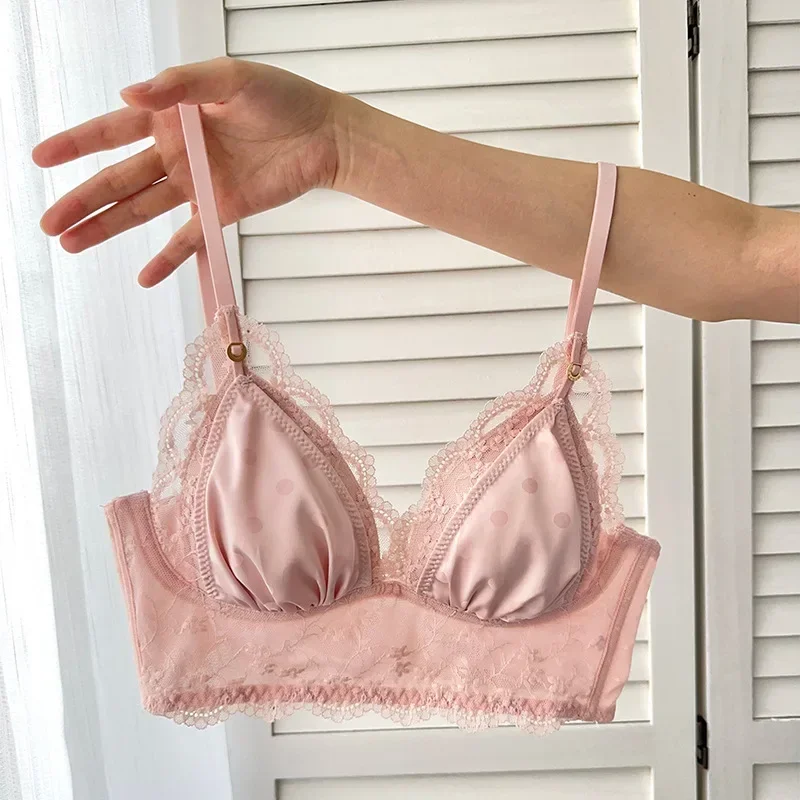 Lingerie francesa de renda com copo triangular doce para meninas, sutiã fino e fechado