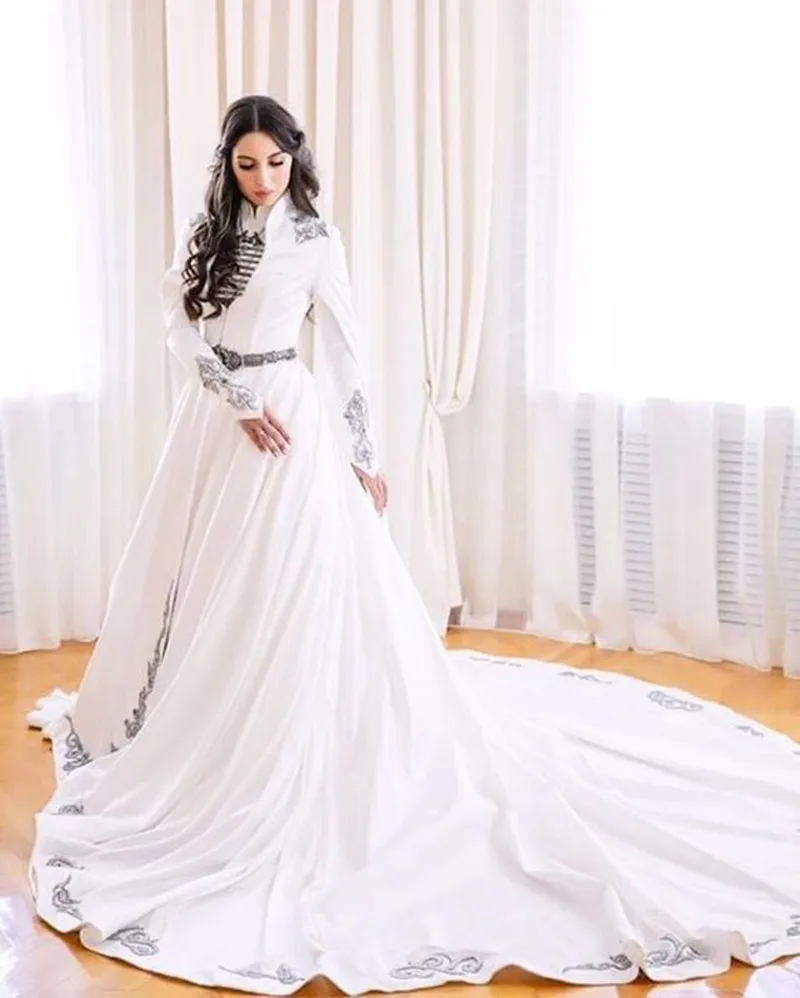 Ossetian Tradition Caftan Pantalon Wedding Dress with Cape Sleeve Embroidery High Neck Muslim Kaftan Bridal Gowns customsized