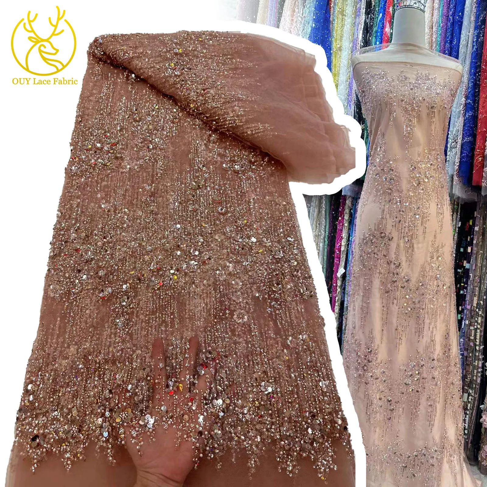 

5 Yards African Bridal Lace Fabric with Sequins Beaded Embroidery High Quality French Tulle for Wedding Groom Nigerian Style