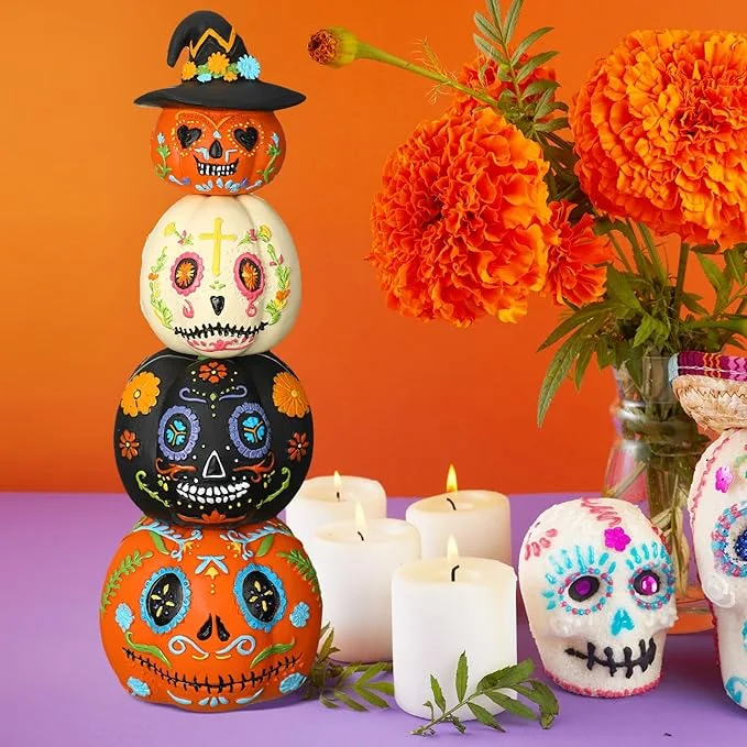 4 Pieces Halloween Pumpkin Decorations Spooky Resin Sculptures for Home Table Hallway Shelf Fireplace Office Thanksgiving Decor