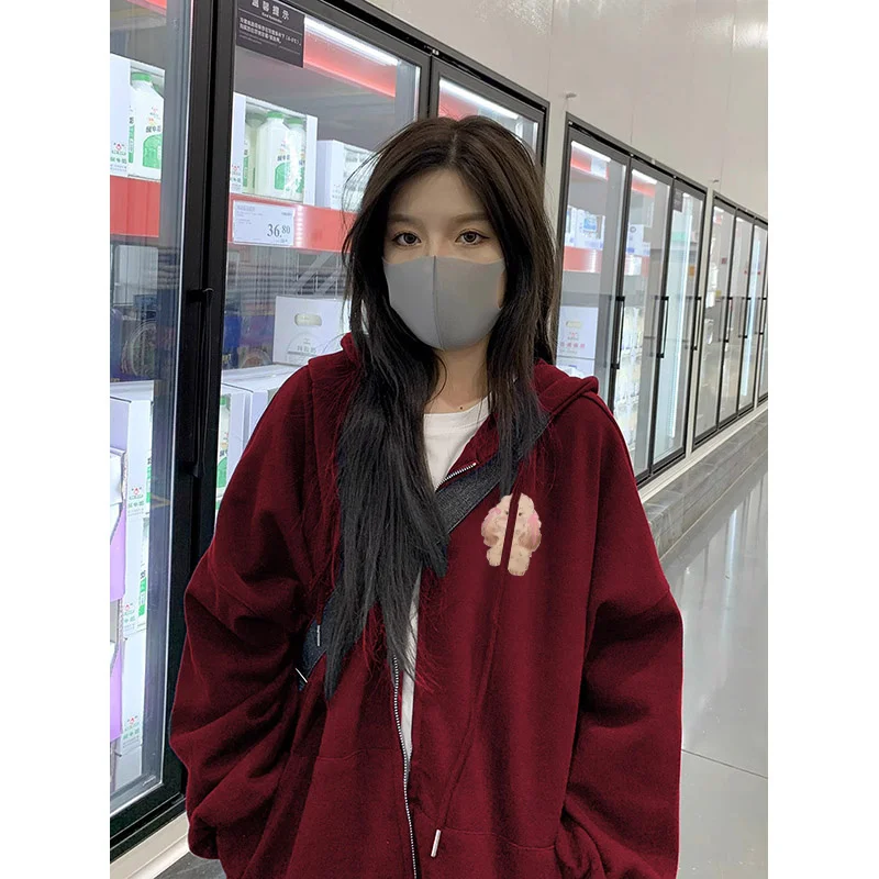 سترة بغطاء للرأس كبيرة الحجم باللون الأحمر الخمري مبطنة من Jaet American Sle oulder Sve سترة نسائية فضفاضة طويلة لخريف وشتاء