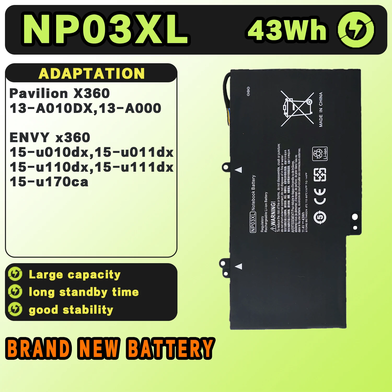 SAT NP03XL New Laptop Batteries Replacement For HP Pavilion X360 13-A010DX HSTNN-LB6L TPN-Q146/147/148/149 11.4V-43Wh-3841mAh
