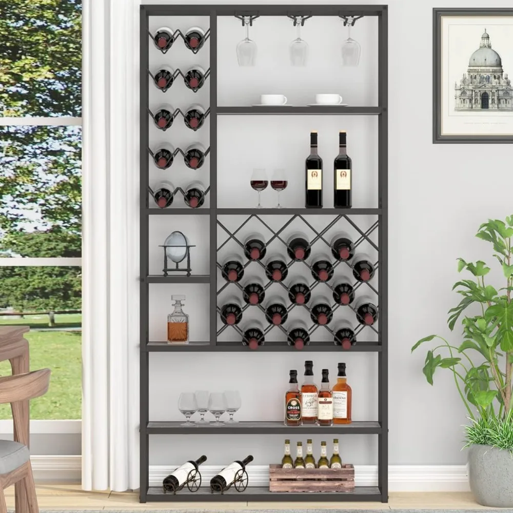 Industrial Wine Rack Freestanding Floor, Farmhouse Tall Coffee Bar Cabinet with Storage, Wood Metal Stackable Bakers Rack
