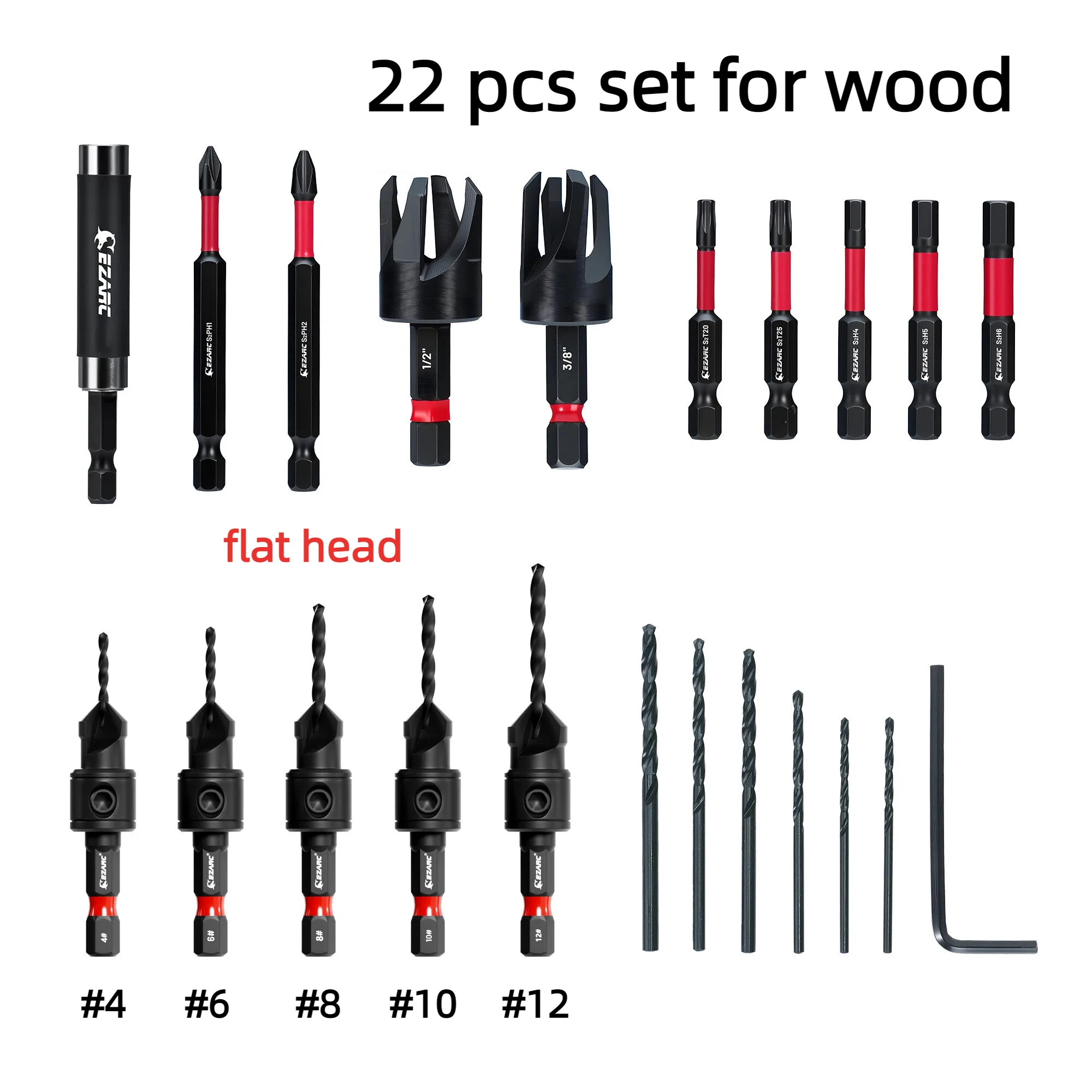 EZARC 22Pcs HSS Countersink Drill Bit Set, Woodworking Flat Head 2 Flutes Drill Bit #4 #6 #8 #10 #12, 1/4