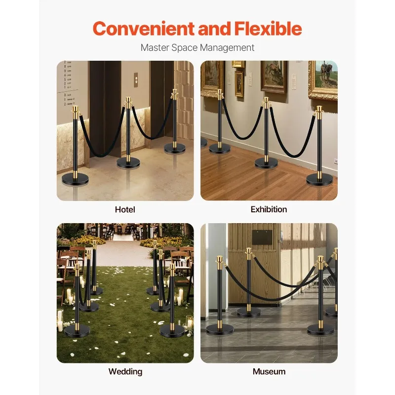Stanchions 6 Pcs Crowd Control Barriers w/ 4 Velvet Ropes Stainless Steel Stanchion Post Queue w/ Fillable Base for Party