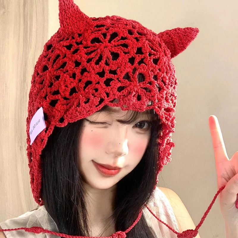 

Retro Red Hollow Knitted Cat Ears Beanies Y2K Spring Summer Travel Personality Versatile Tassel Strap Pullover Hats for Women